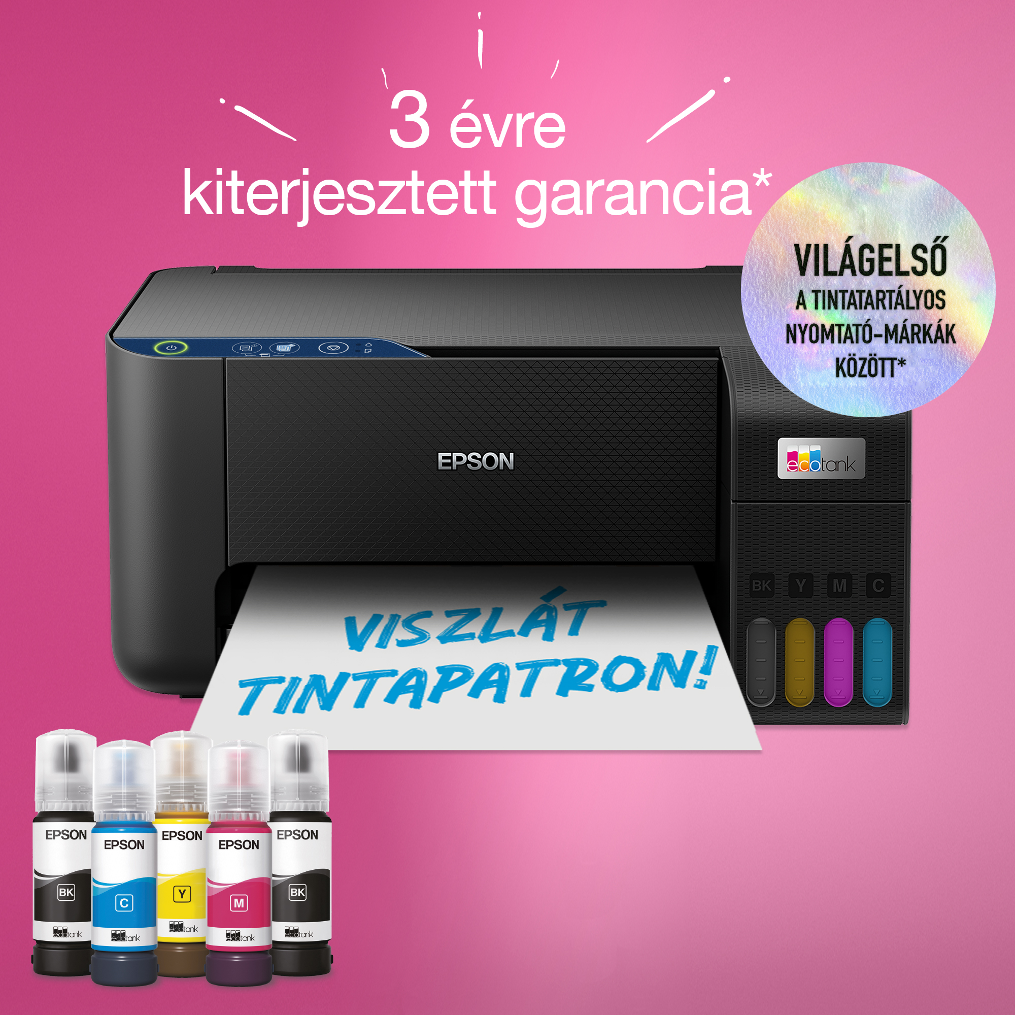 Epson nyomtató tintapalackokkal. A szöveg 3 év garanciát mond. A nyomtató fekete, sárga, magenta és cián tintával rendelkezik.