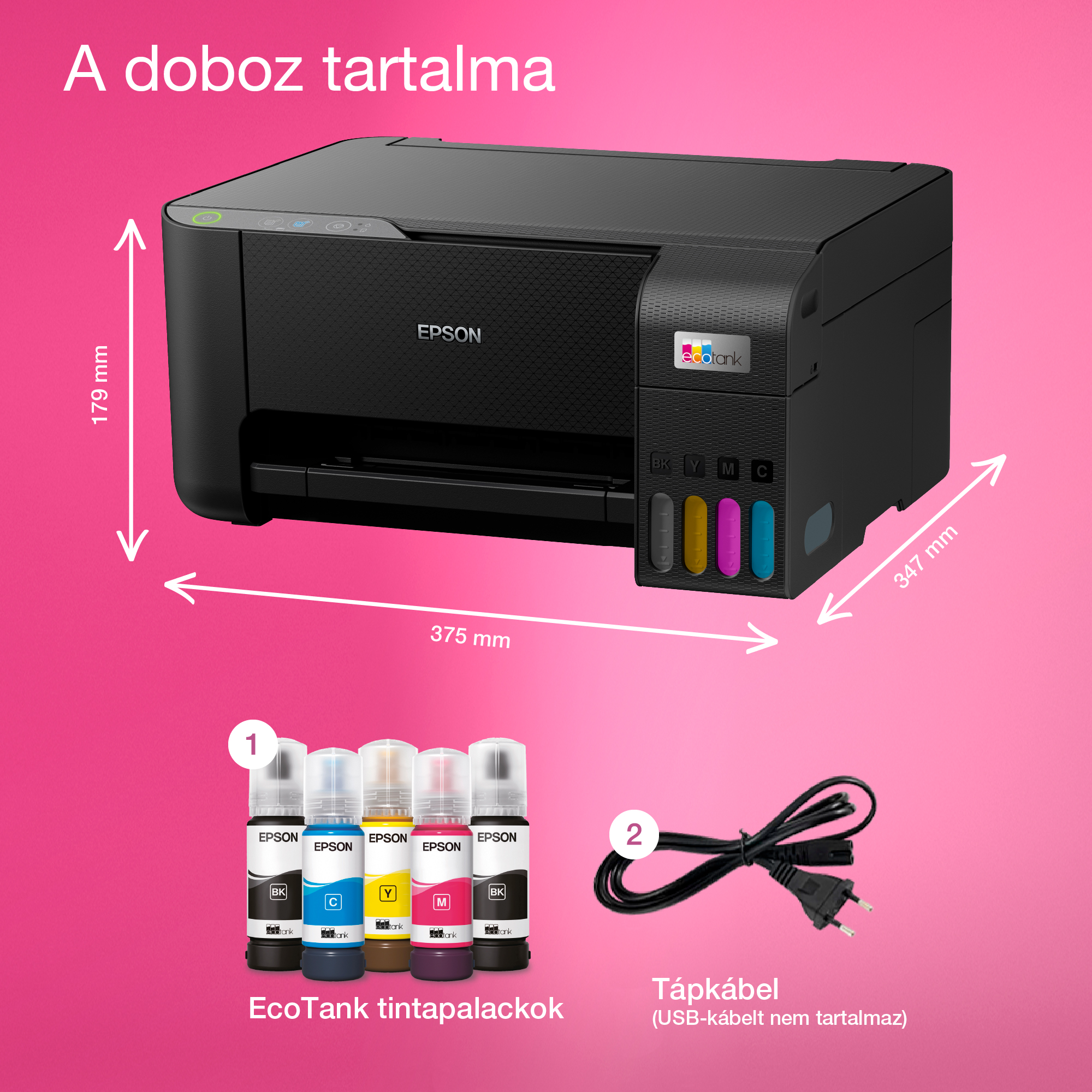 A képen egy Epson nyomtató látható tintapalackokkal és egy tápkábellel. A méretek meg vannak adva.
