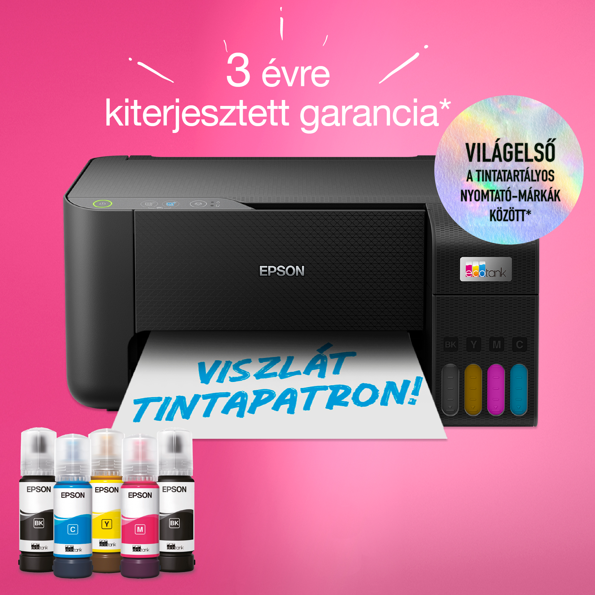 Epson nyomtató tintapalackokkal rózsaszín háttéren. A szöveg 3 év garanciát és egyéb részleteket tartalmaz a nyomtatóról.