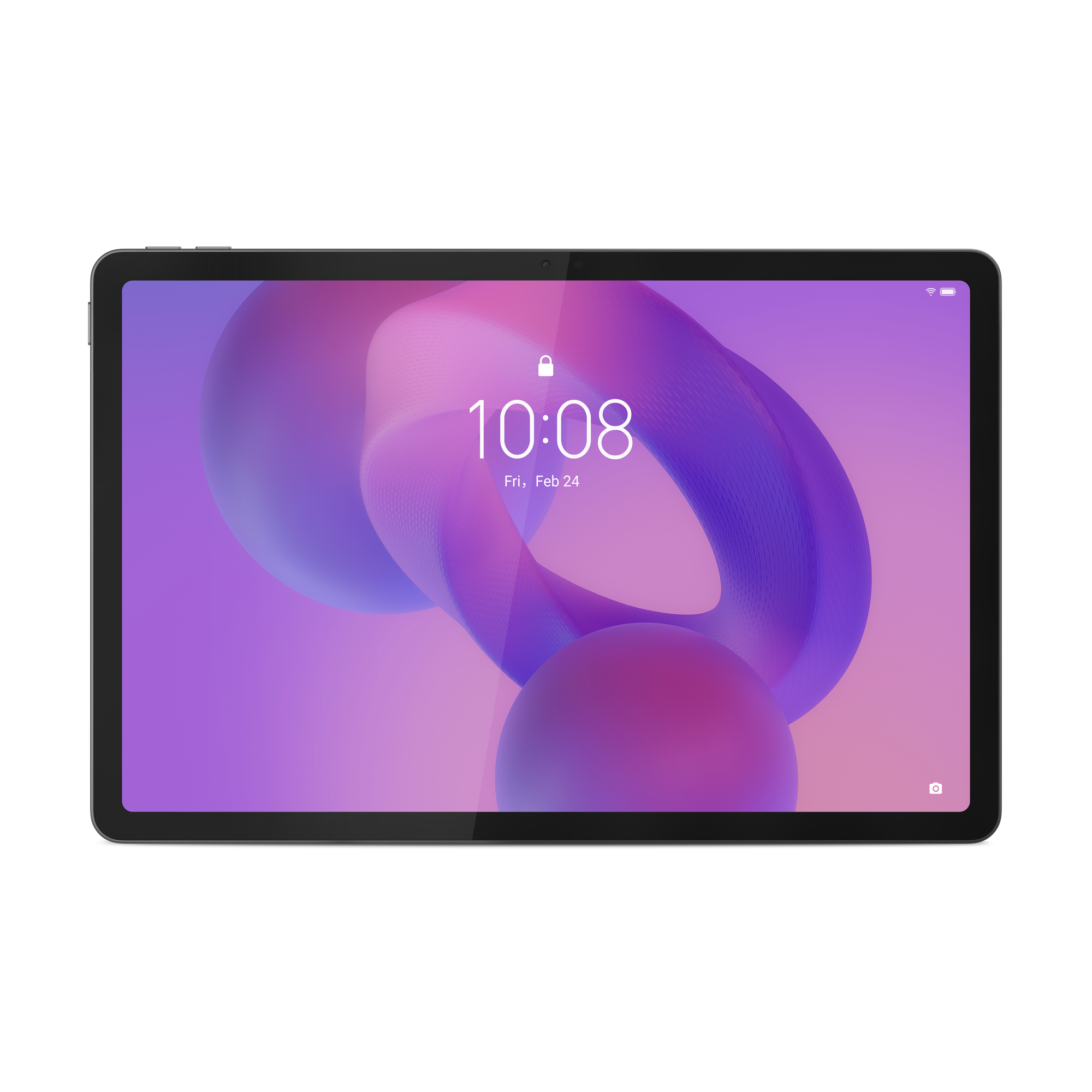 Siyah arka plan üzerinde tablet. Ekran zamanı ve tarihi gösteriyor. Mor ve pembe soyut tasarım.