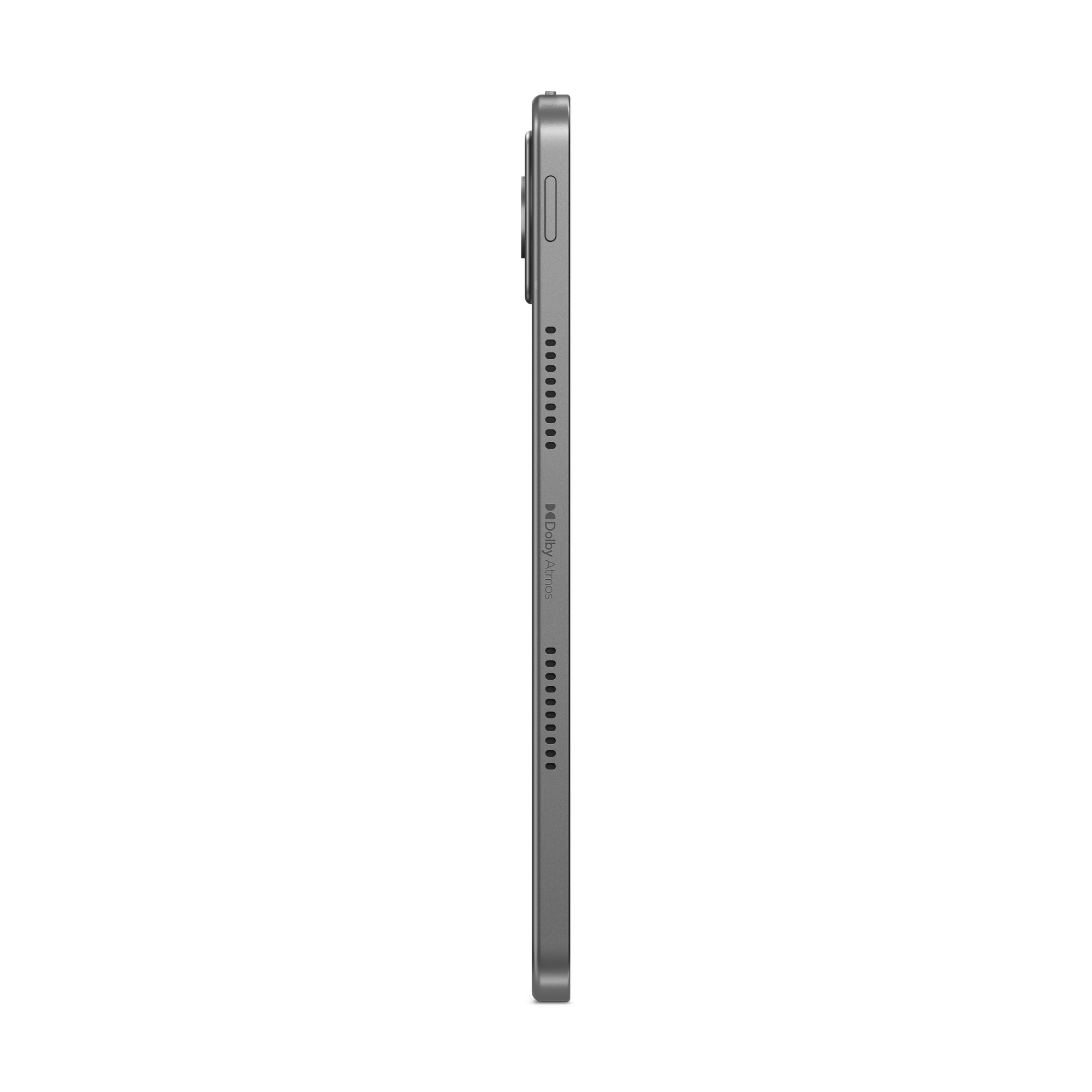 Siyah arka plan üzerinde gri bir tabletin yan görünümü. Tablette kamera, düğmeler ve Dolby Atmos logosu var.