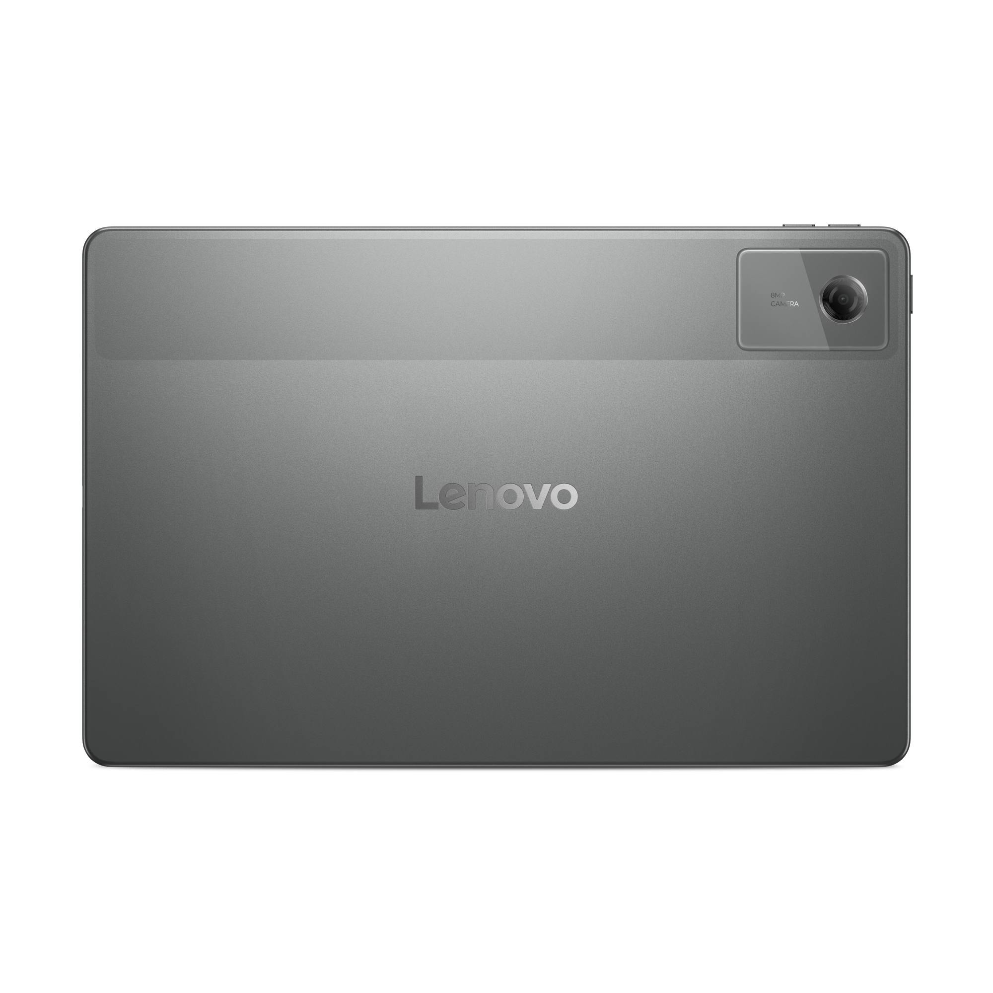 Siyah arka plan üzerinde gri Lenovo tablet arkası. Kamera ve Lenovo logosu içerir.