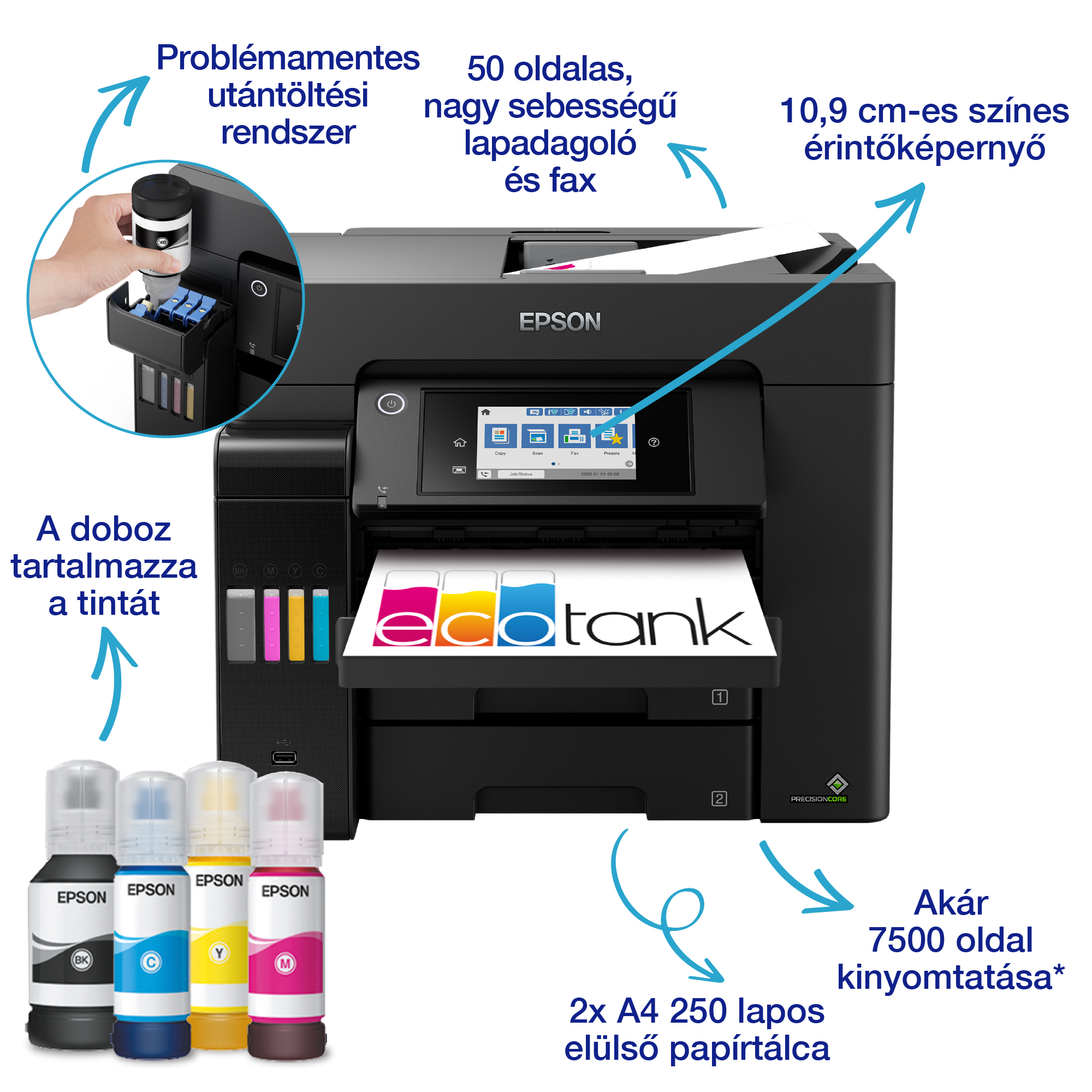 Epson nyomtató tintásüvegekkel, érintőképernyővel és papírtálcával. Tintatöltő rendszer és nyomtatási képességek láthatók.