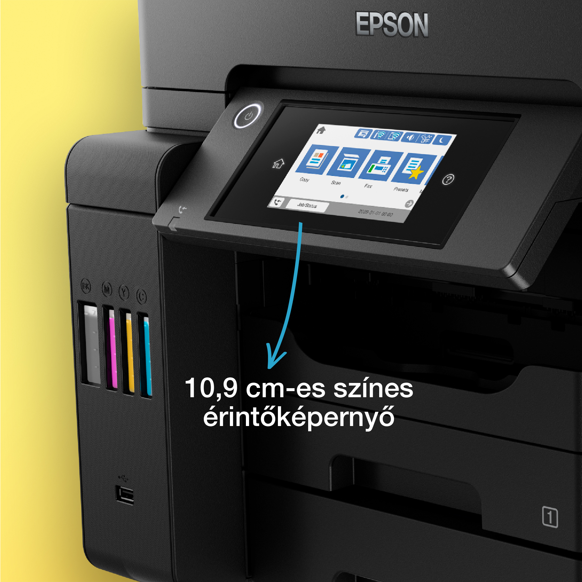 Egy Epson nyomtató kijelzője másolás, szkennelés, fax és beállítások ikonokat mutat. A képernyő 10,9 cm.