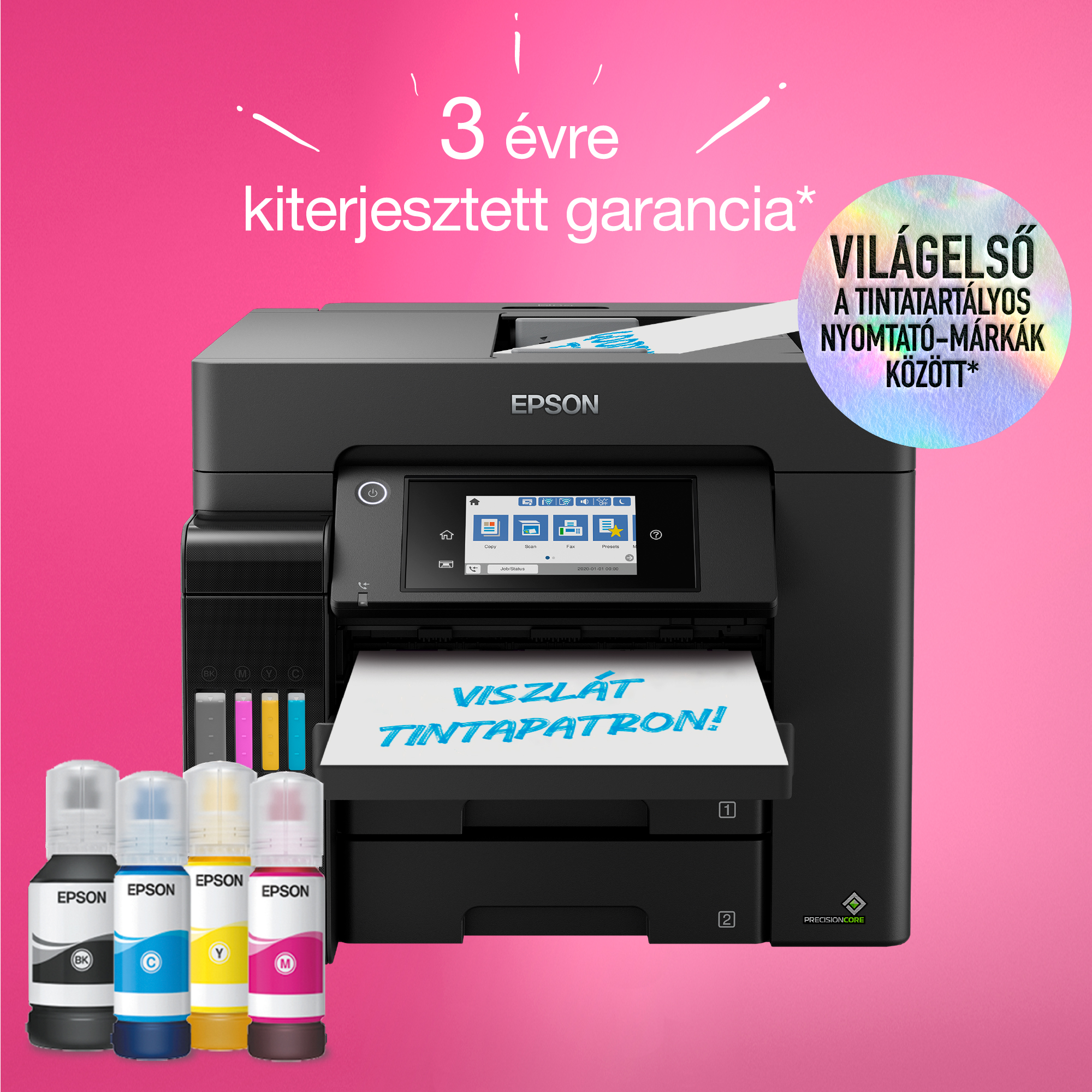 Epson nyomtató tintapalackokkal, papírkimenettel és kijelzővel. Szöveg: '3 év kiterjesztett garancia'.