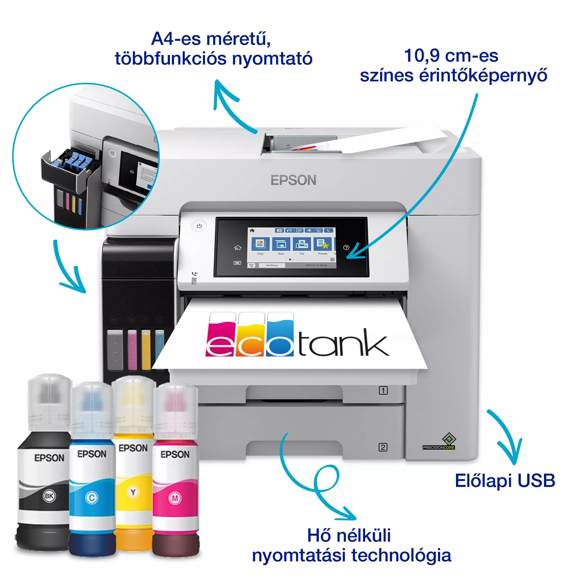 Epson ecotank nyomtató. Jellemzők: színes érintőképernyő, USB port, tintapalackok. A szöveg a funkciókat írja le.
