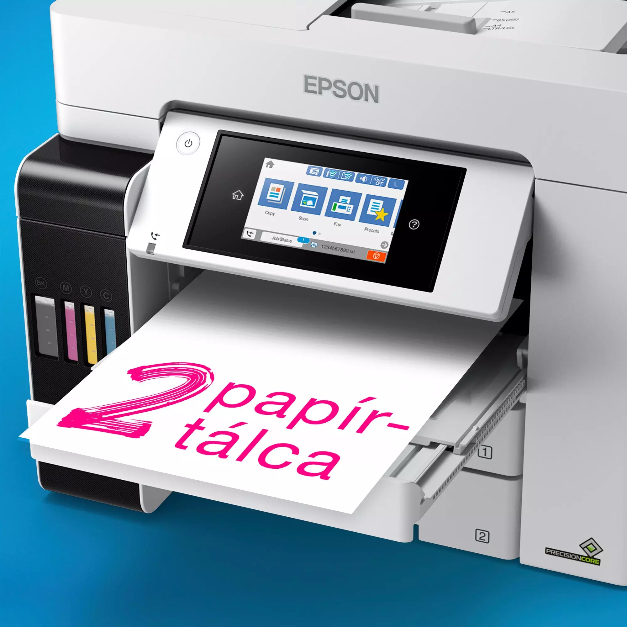 Epson nyomtató ikonokat mutató képernyővel. Nyitott papírtálca rózsaszín '2 papír-tálca' szöveggel. Látható tintapatronok.