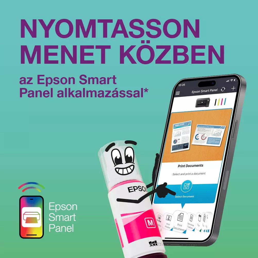 Egy Epson tintapalack karakter egy nyomtatási beállításokat mutató telefonra mutat. A háttérben magyar szöveg látható.