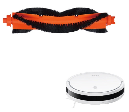 Pomarańczowa i czarna szczotka do odkurzacza nad białą odkurzaczem robota z czarnym paskiem.