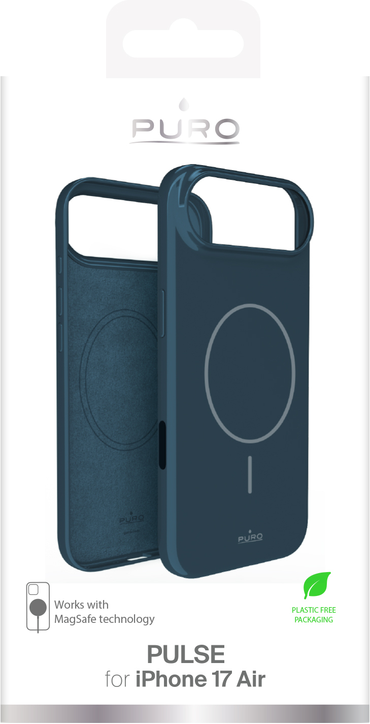 Ciemnoniebieskie etui na telefon jest pokazane otwarte. Białe logo Puro na górze. Etui jest przeznaczone dla iPhone 17 Air.