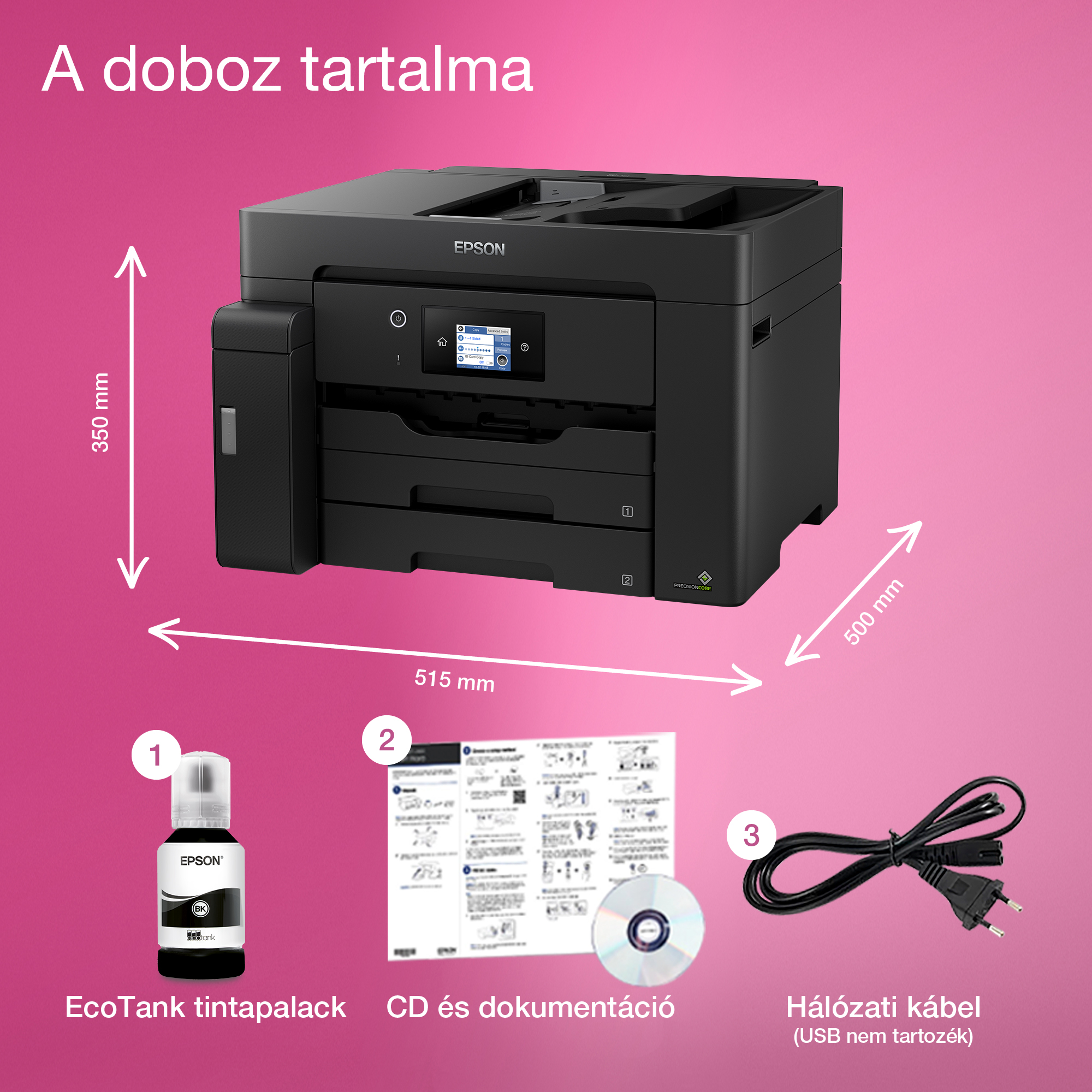 Fekete Epson nyomtató tintával, dokumentumokkal és tápkábellel rózsaszín háttérrel. Méretekkel címkézve.