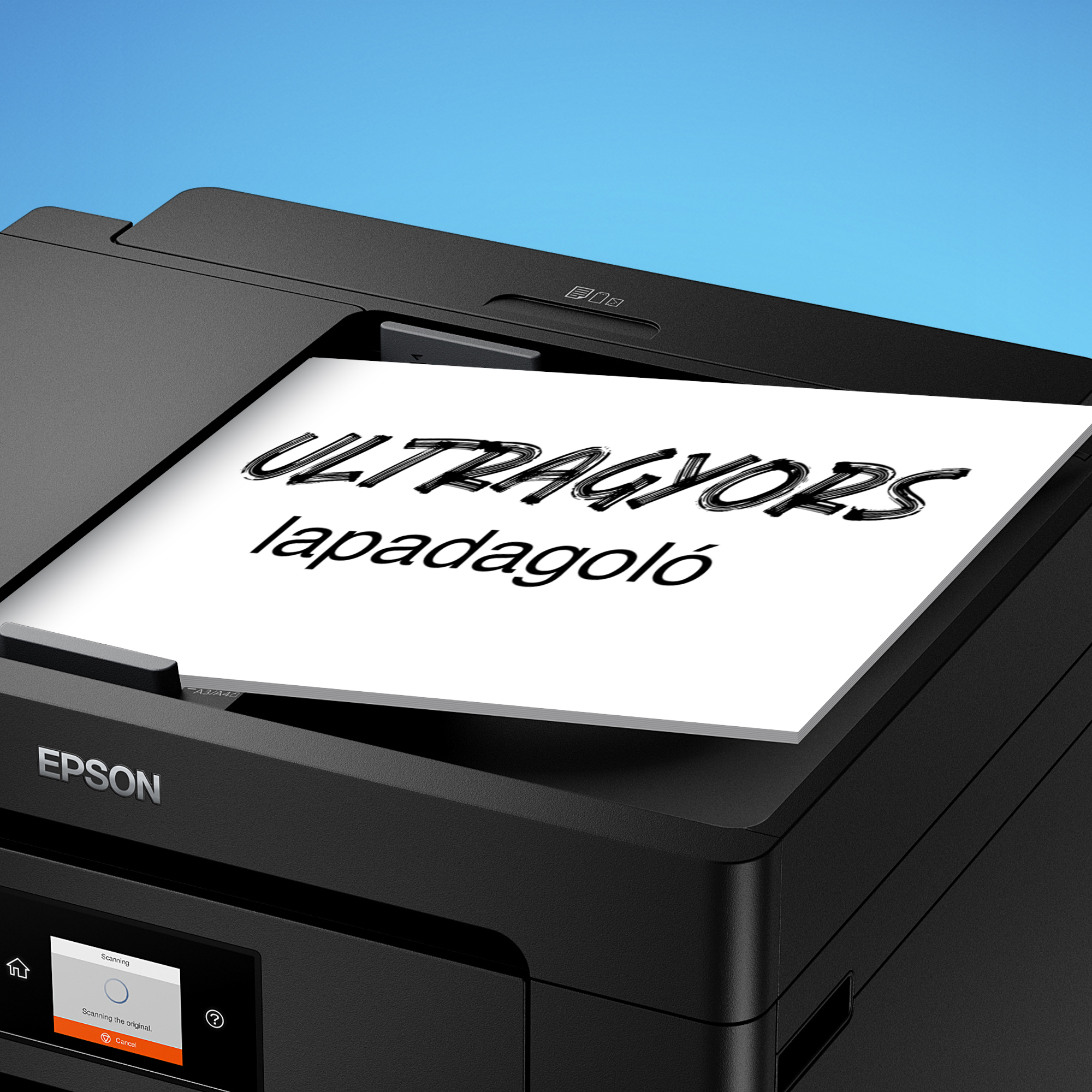 Egy Epson nyomtató fehér papírt szkennel fekete szöveggel. A szöveg: 'ultragyors lapadagoló'.