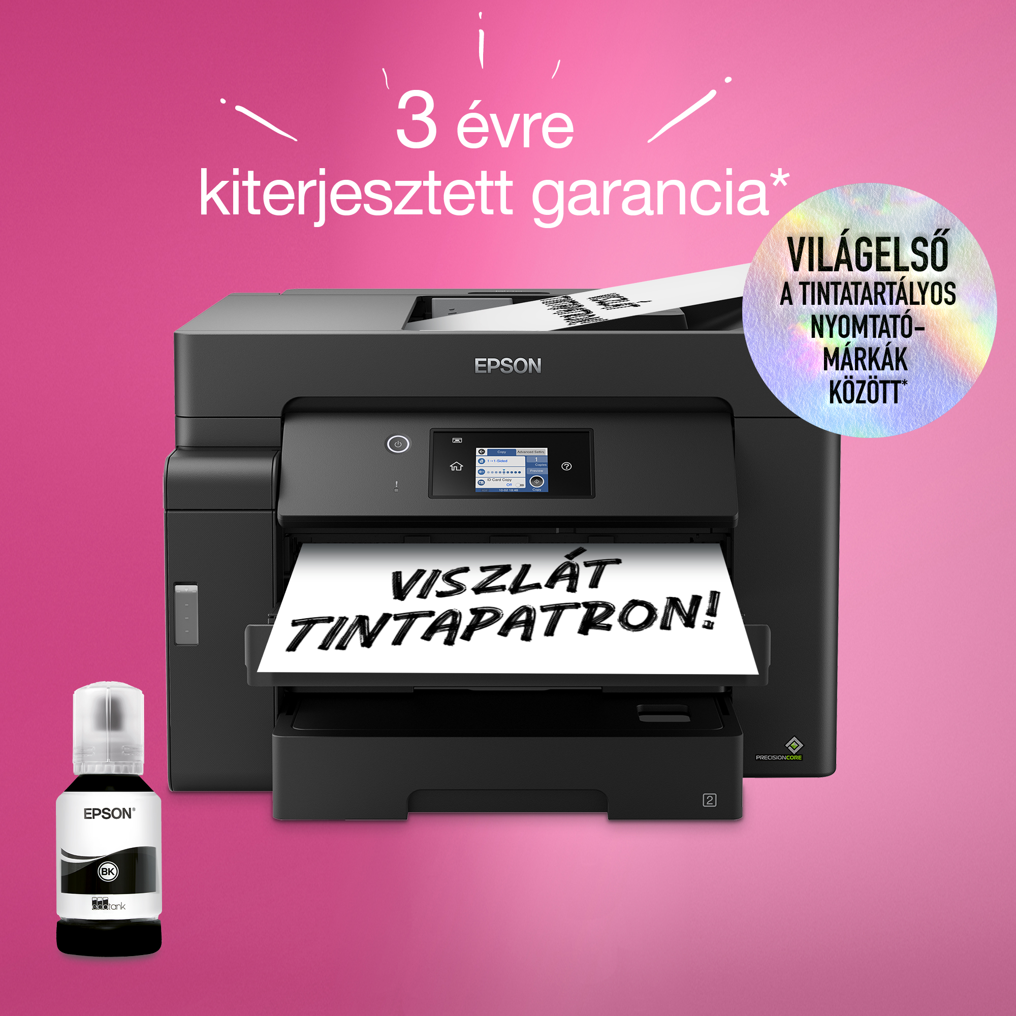 Egy Epson nyomtató, kifelé jövő papírral, szöveggel, egy tintapalackkal, és magyar felirattal.