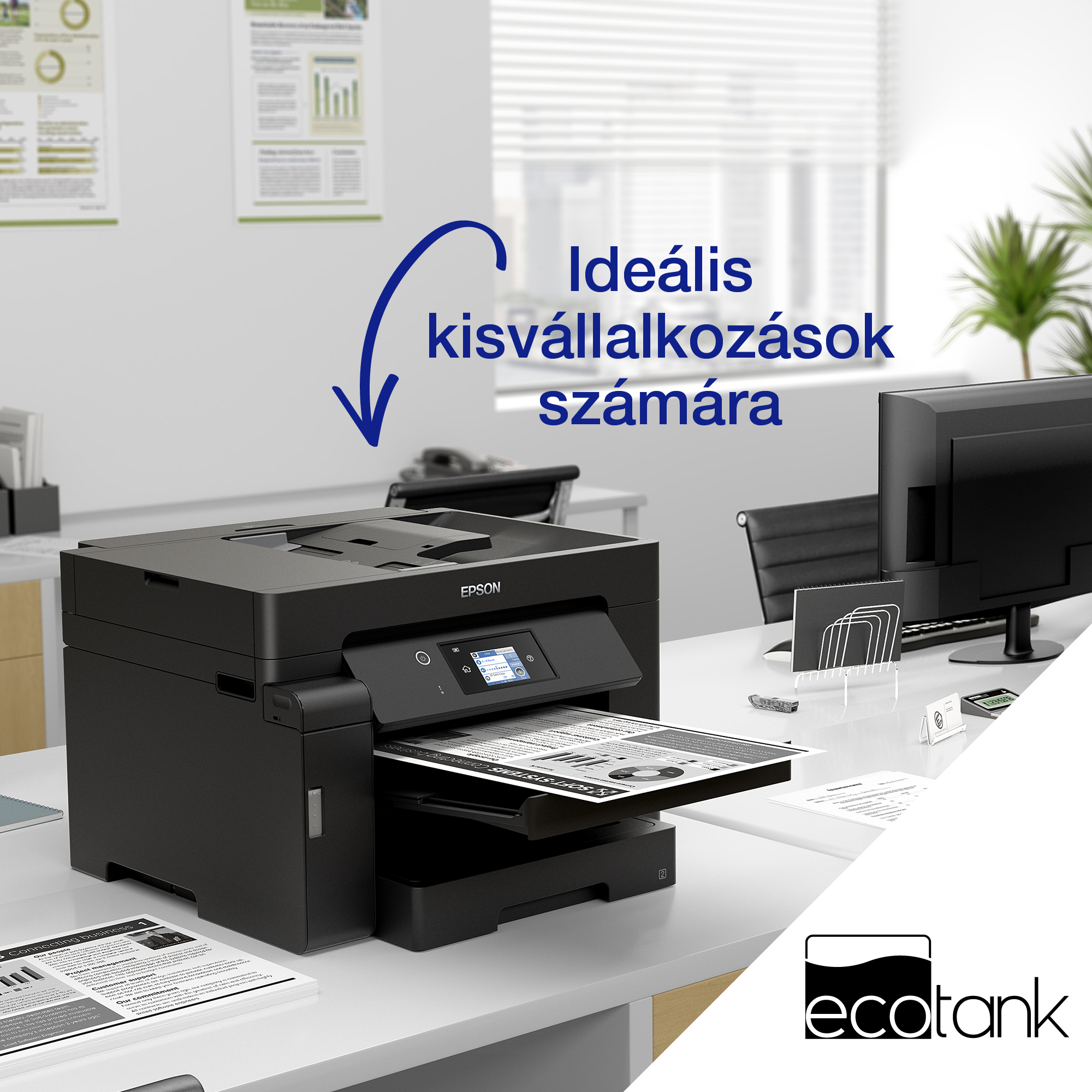 Fekete Epson nyomtató egy fehér asztalon, dokumentumot nyomtat. A fenti szöveg: 'Ideális kisvállalkozások számára'.