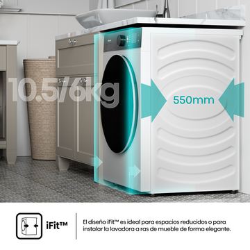 Se muestra una lavadora con dimensiones y el logo iFit, sugiriendo un diseño que ahorra espacio para la instalación.