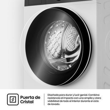 Una lavadora blanca con puerta de cristal, mostrando el tambor interior. Texto abajo: 'Puerta de Cristal'.