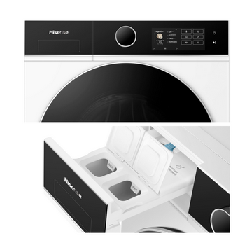 Una lavadora blanca y negra con pantalla digital y cajón de detergente con compartimentos.