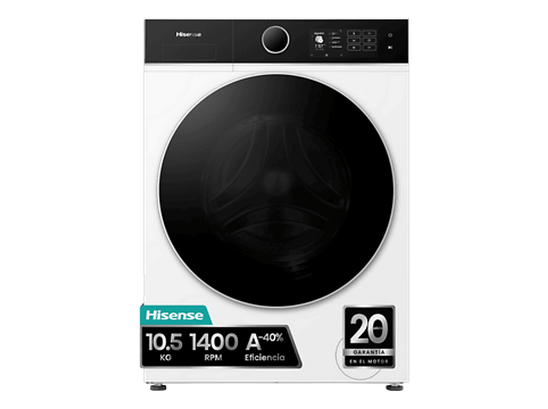 Lavadora carga frontal - Hisense WF5I1045BWQ , 10.5 kg, 1400 RPM, 18 programas, Fondo reducido 55.5 cm, Autodosificación, Blanco