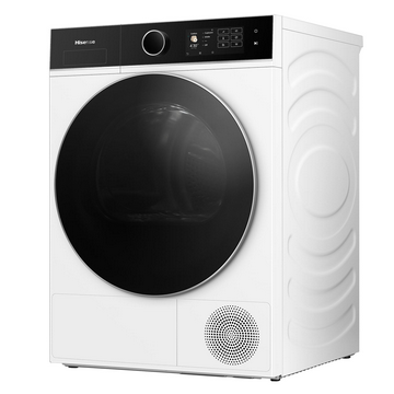 Una secadora Hisense blanca con puerta y panel de control negros. Tiene una puerta redonda y una pantalla.