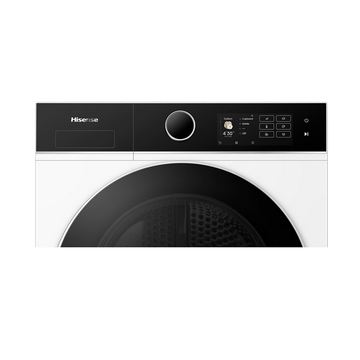 Secadora Hisense blanca con parte superior negra, perilla de control circular y pantalla pequeña.