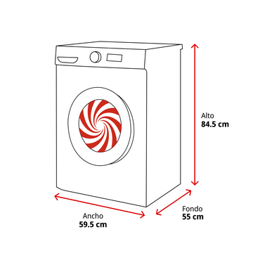 Dibujo lineal de una lavadora, con dimensiones: 84,5 cm de alto, 59,5 cm de ancho y 55 cm de profundidad. Un círculo rojo y blanco en la puerta.
