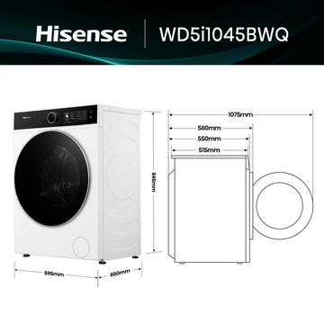 Lavadora Hisense WD5i1045BWQ blanca. Muestra vistas frontal y lateral con dimensiones en milímetros.