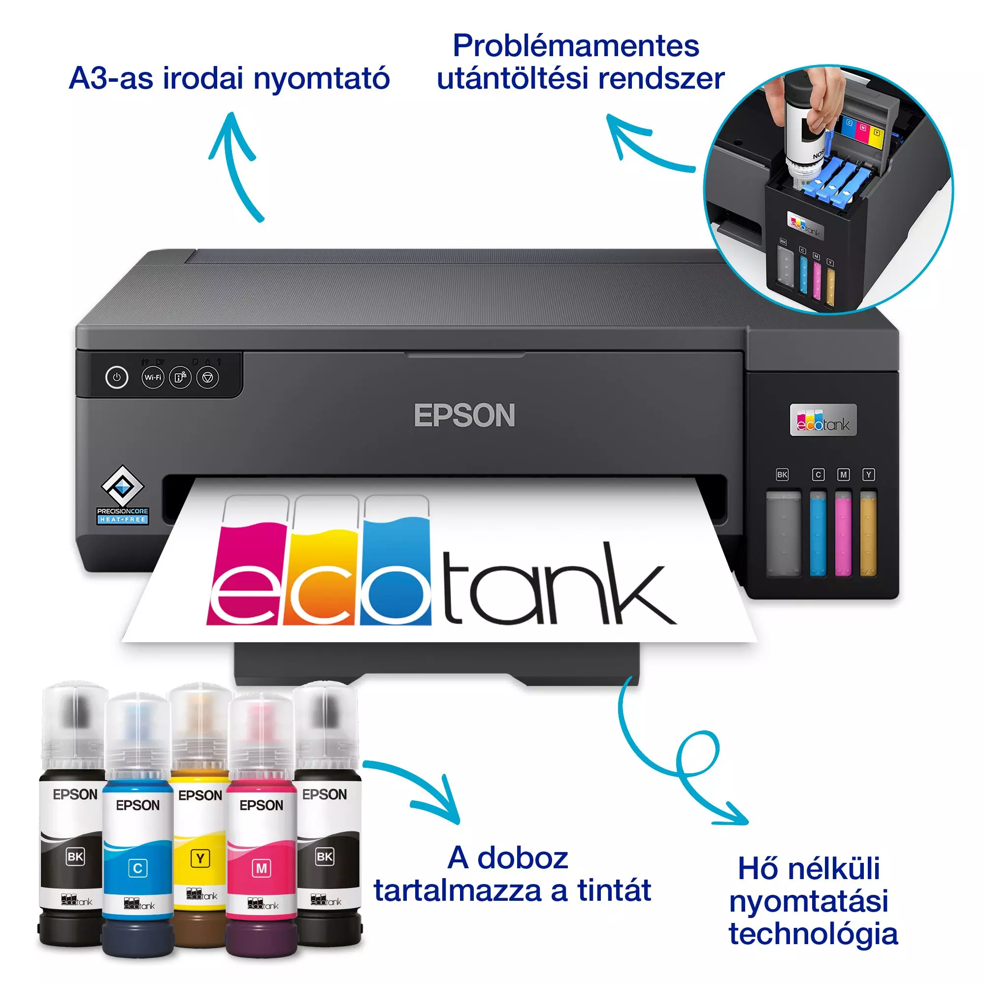Epson EcoTank nyomtató tintásüvegekkel és utántöltő rendszerrel. Hő nélküli nyomtatási technológiával.