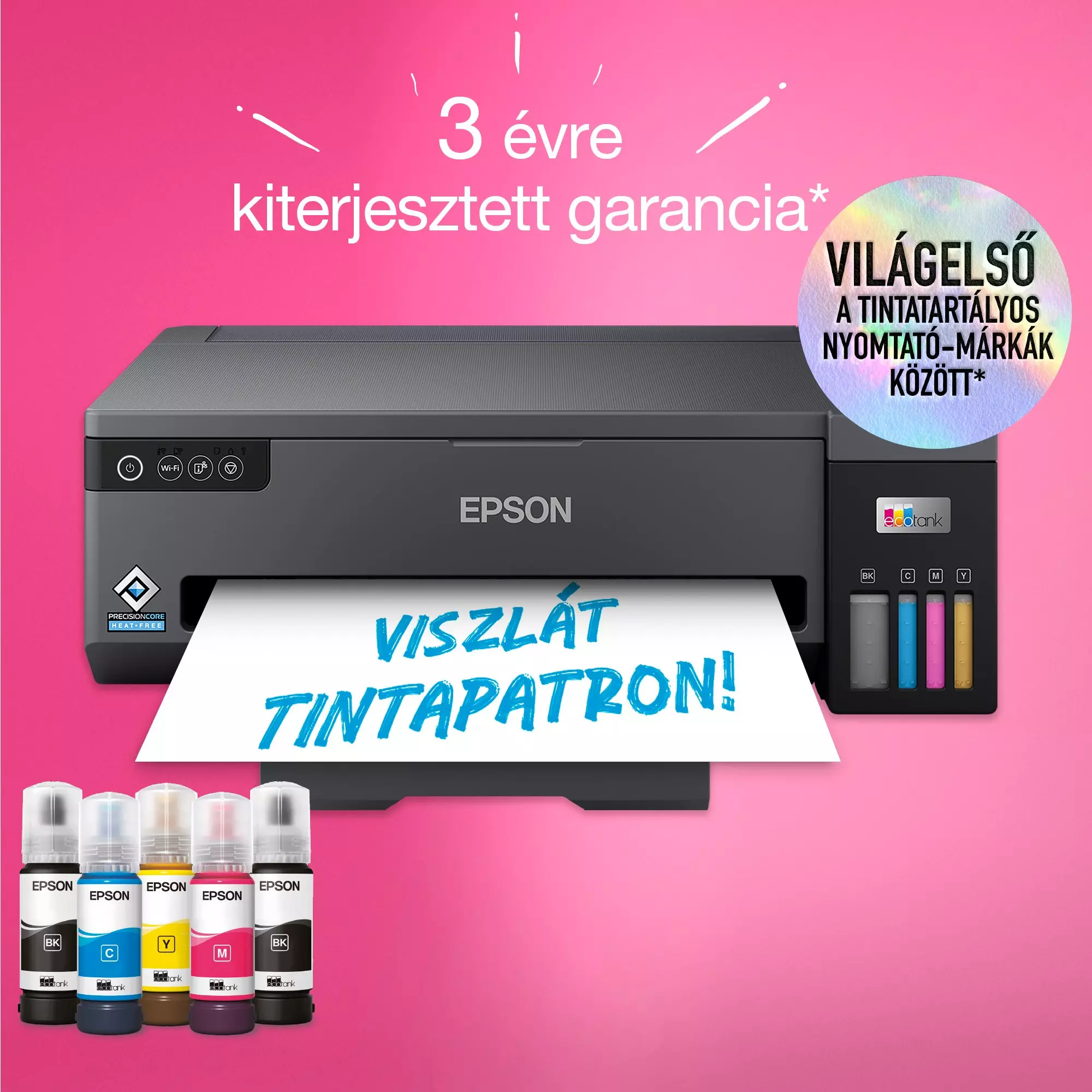 Egy Epson nyomtató tintapalackokkal. A kép magyar nyelvű szöveget tartalmaz, amely a nyomtató tulajdonságait és garanciáját hirdeti.