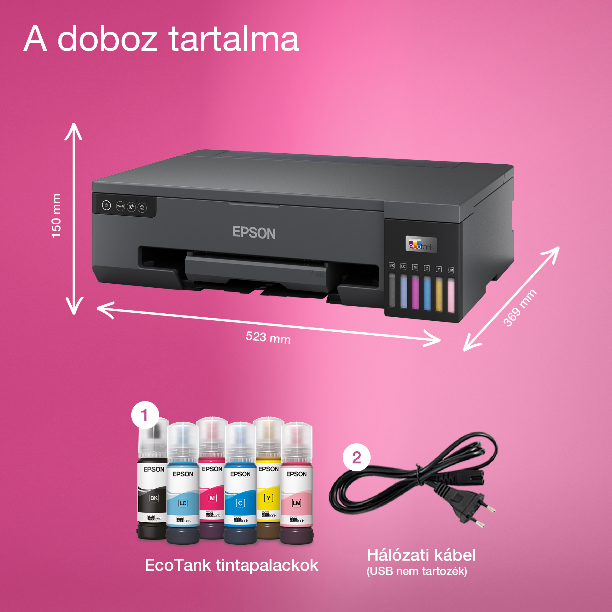Epson nyomtató tintapalackokkal és tápkábellel rózsaszín háttér előtt. Méretek mm-ben.