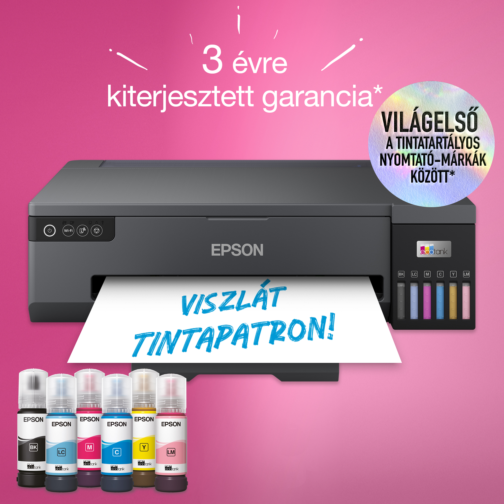 Epson nyomtató tintapalackokkal. Szöveg: 3 év garancia, 'Viszlát tintapatron!'. Rózsaszín háttér.