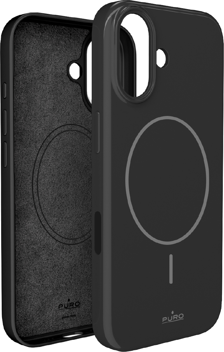 Czarne etui na telefon z magnetycznym okręgiem. Wnętrze jest szare. Widoczna marka 'Puro'.