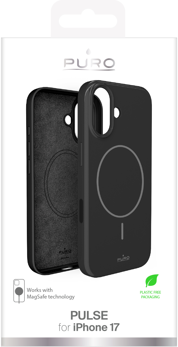 Czarne etui na iPhone 17, z logo Puro i kompatybilnością MagSafe, opakowanie wolne od plastiku. Etui jest otwarte.