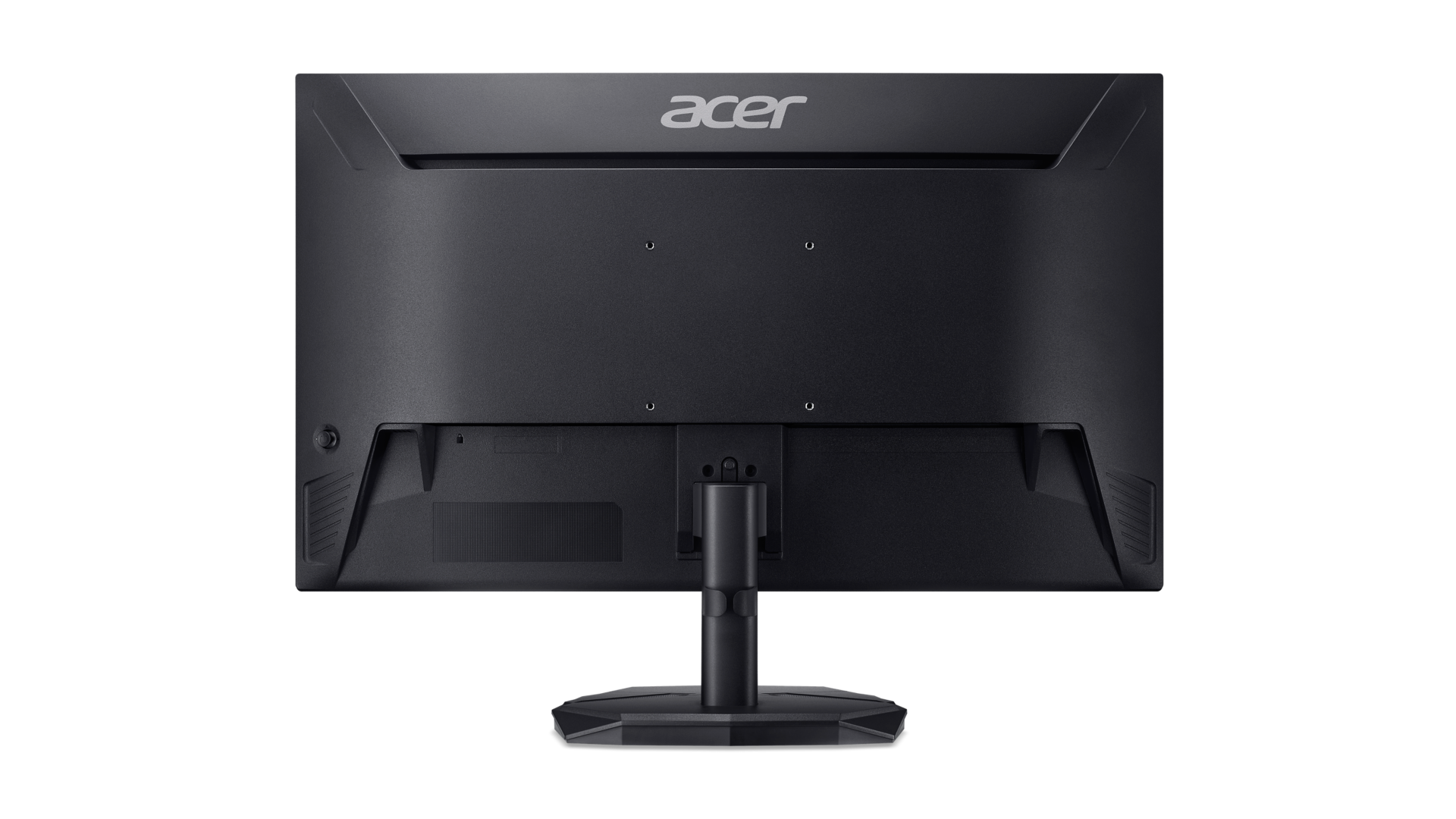 Fekete Acer monitor hátulja. Acer logó felül, portok és állvány láthatók. A hátlap matt fekete.