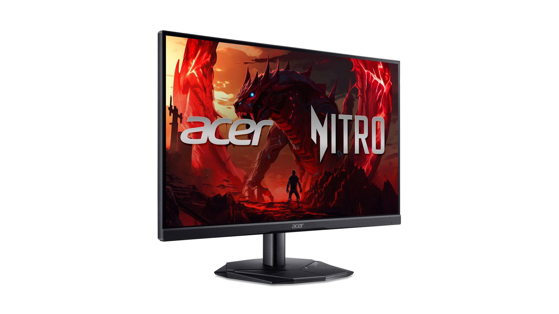 Az Acer Nitro monitor sárkányképet, fekete keretet és állványt jelenít meg. Látható az Acer Nitro logó.