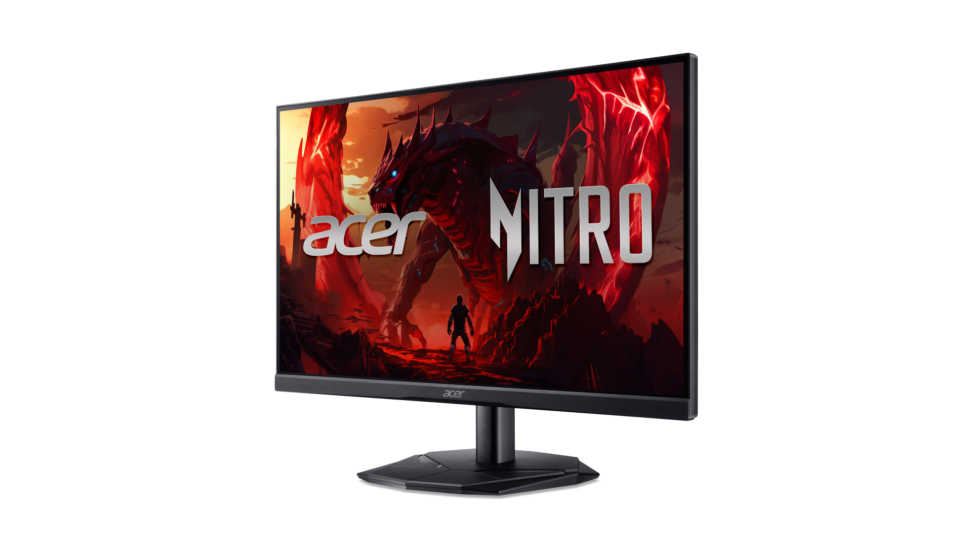 Az Acer Nitro monitor egy tüzes sárkány jelenetet jelenít meg. Az Acer és a NITRO logók láthatók. A monitor fekete állvánnyal és kerettel rendelkezik.