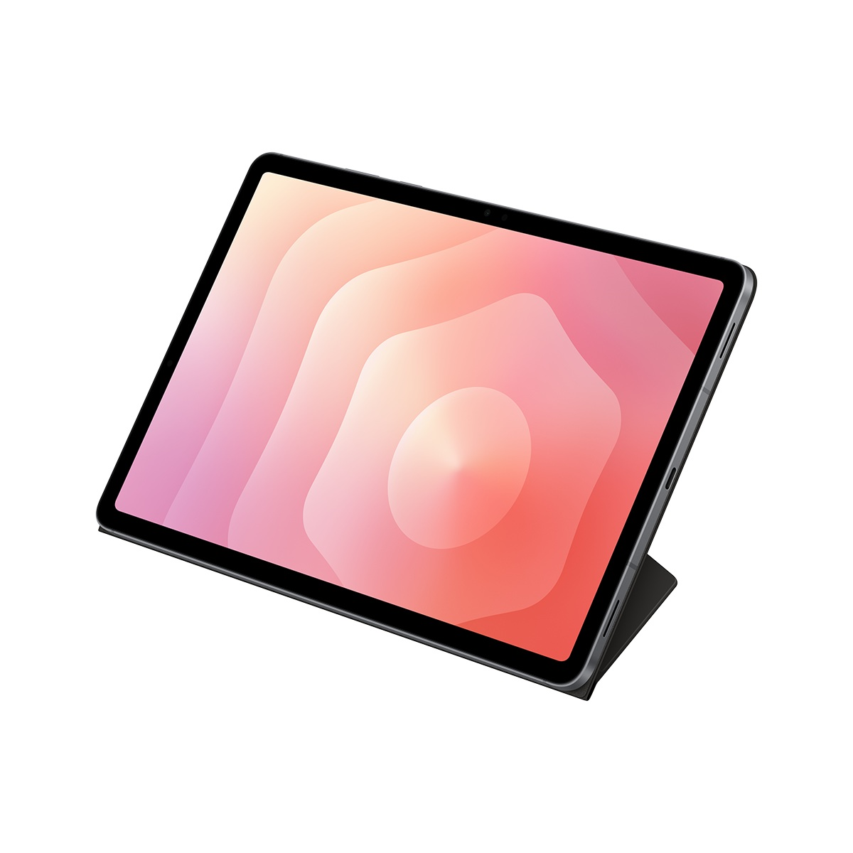 Pembe ve şeftali renkli ekrana sahip tablet, hafif açılı, siyah çerçeve, siyah kılıf, beyaz zeminde izole edilmiş.