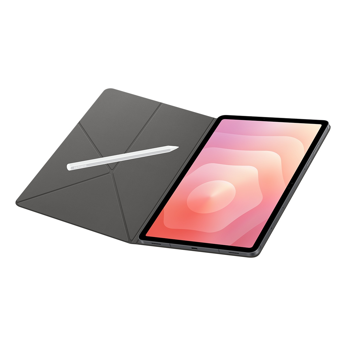 Gri bir kılıf ve beyaz bir kalemle tablet. Ekran renkli, soyut bir tasarım gösteriyor. Kılıf açık.
