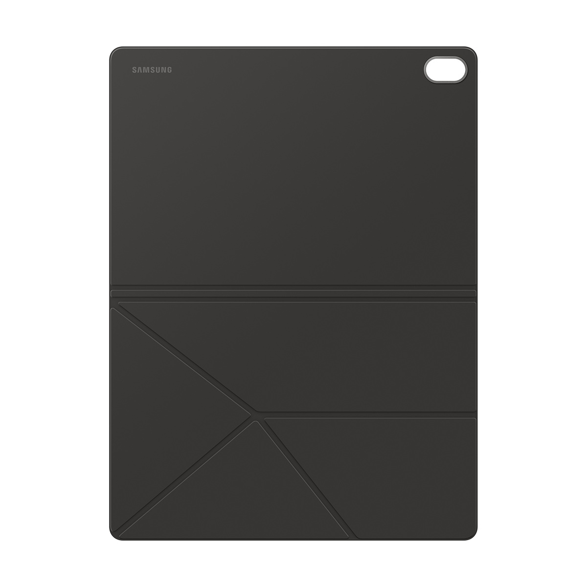Koyu gri bir Samsung tablet kılıfı. Kılıf katlanmış, geometrik desenler gösteriyor. Samsung logosu üst kısımda.