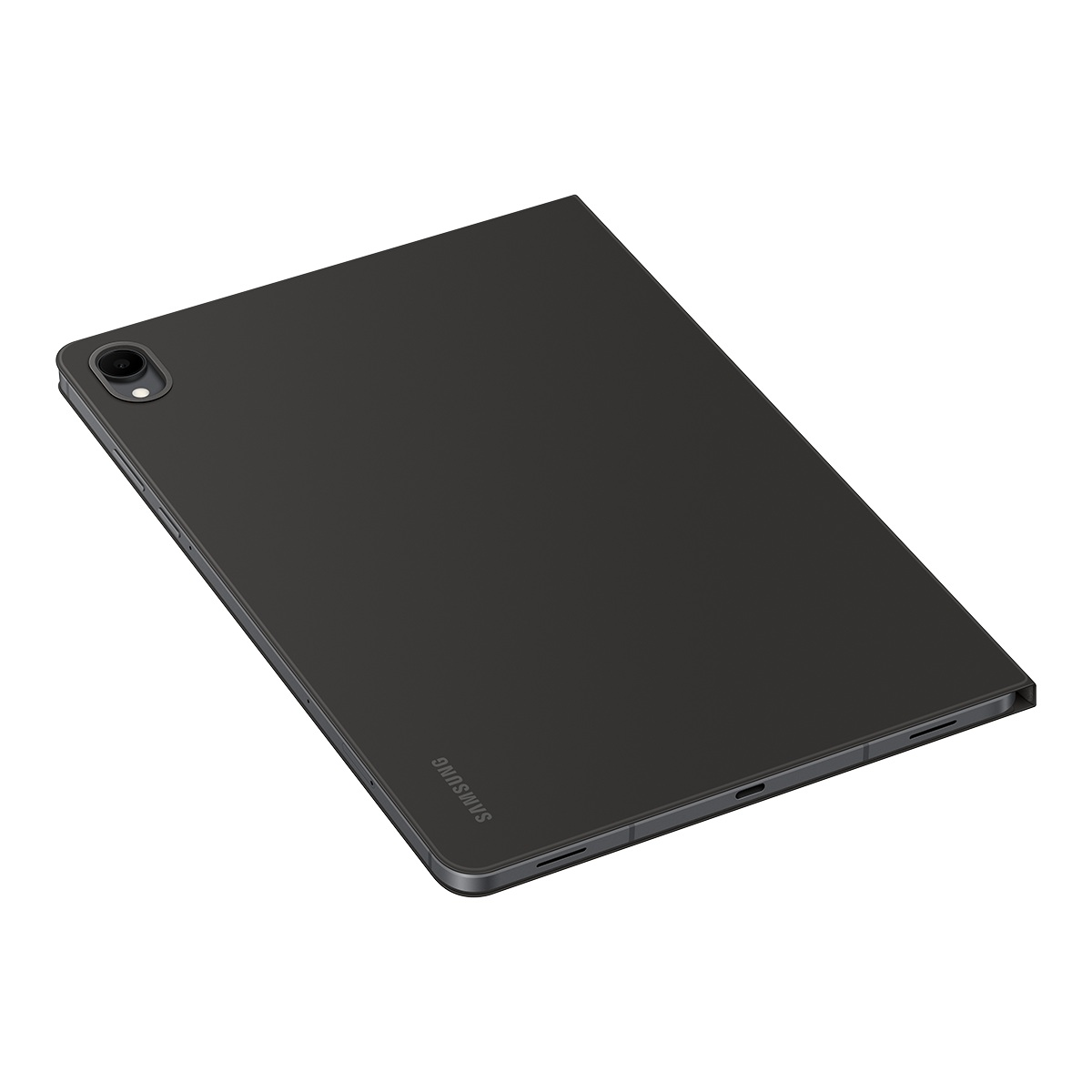 Beyaz zemin üzerinde koyu gri bir Samsung tablet. Tablet açılıdır ve bir kamera ve Samsung logosunu gösterir.