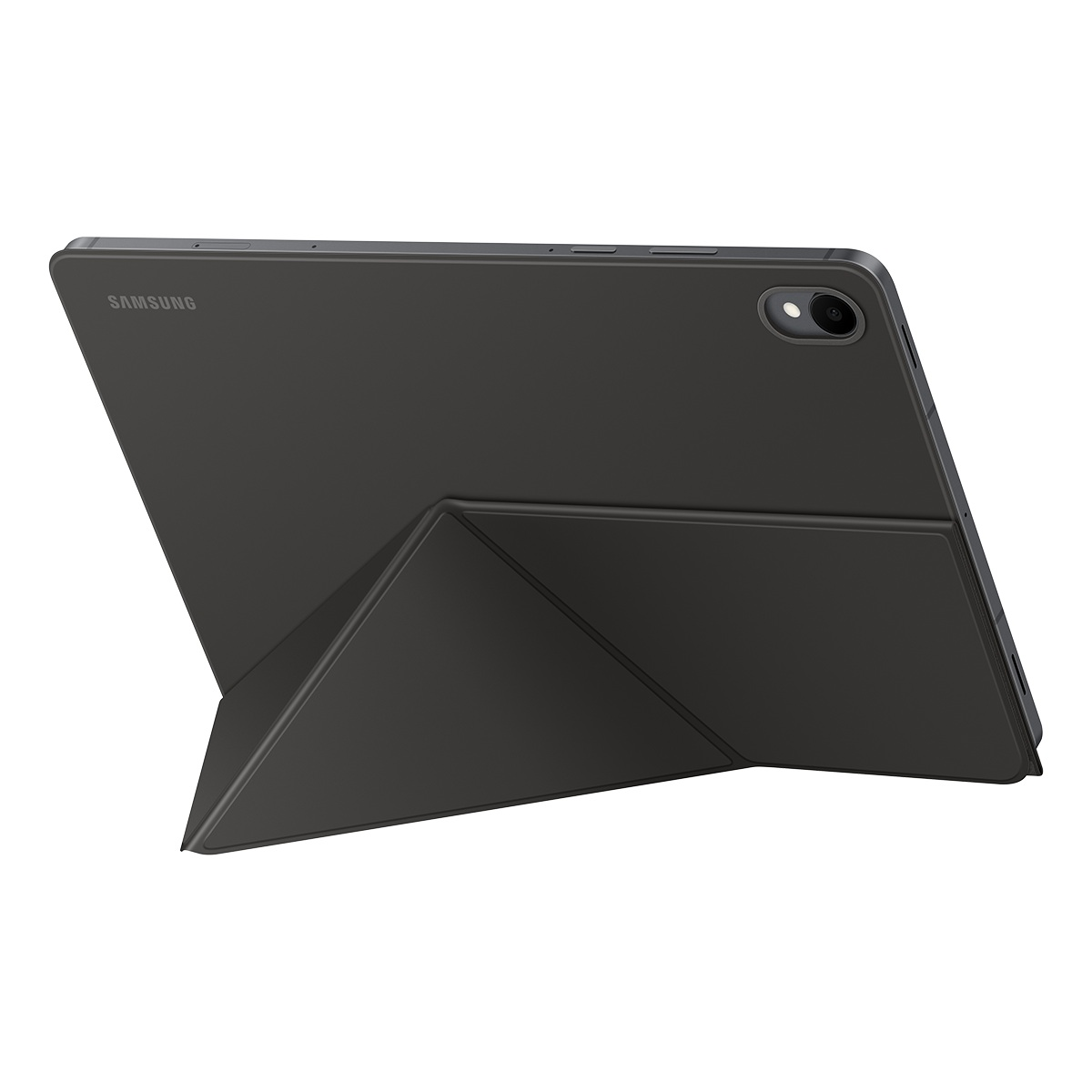 Koyu gri bir Samsung tablet, bir standa katlanan bir kılıfla. Tablette bir kamera ve Samsung logosu var.