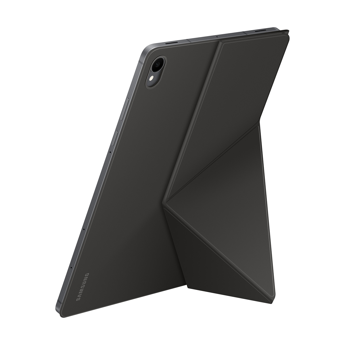 Siyah bir Samsung tablet, desteklemek için katlanan bir kılıf ile. Tablet açılı, kamerayı ve Samsung logosunu gösteriyor.