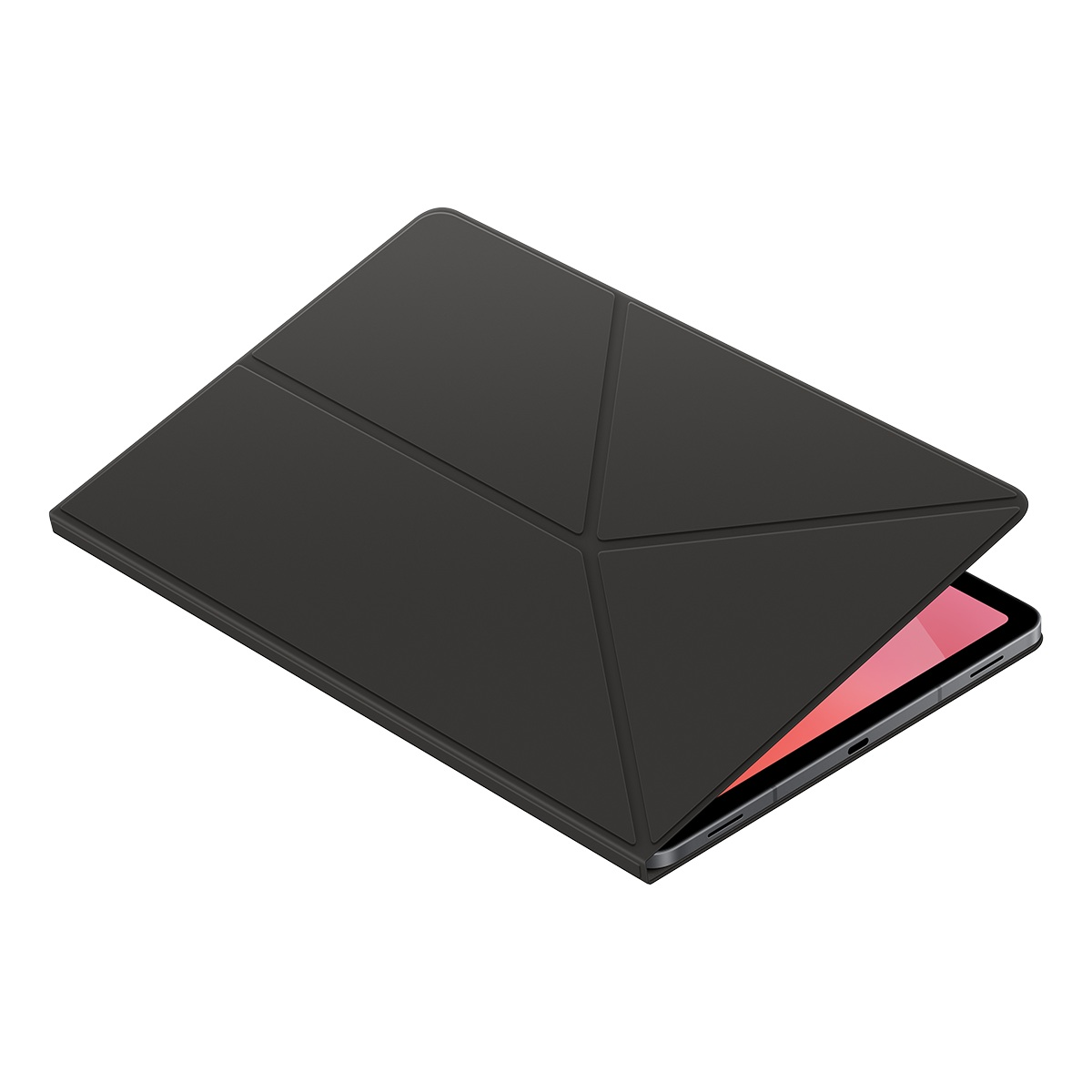 Siyah bir tablet kılıfı kısmen açık, pembe bir ekranı gösteriyor. Kılıf geometrik tasarımlı ve beyaz bir arka plan üzerinde.