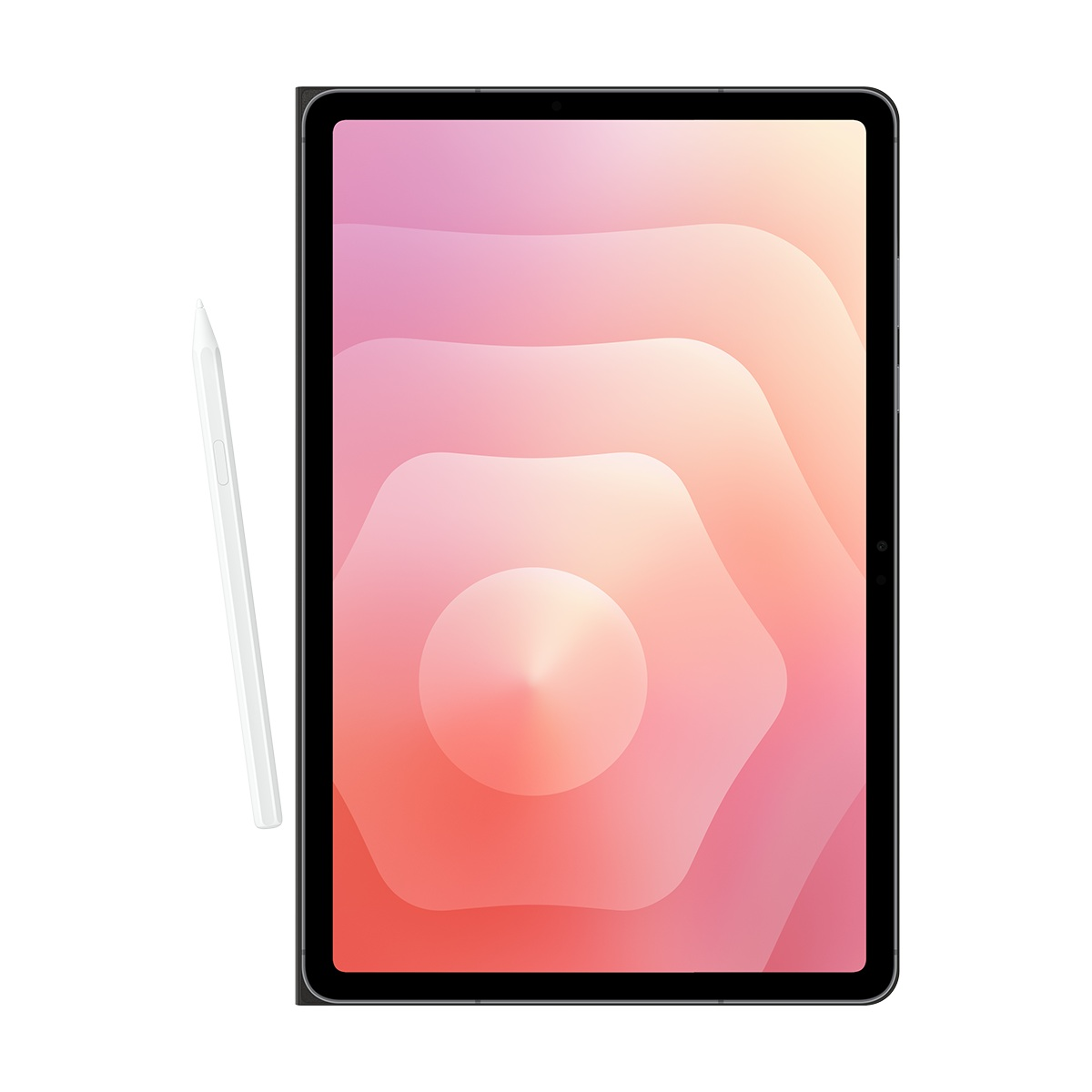 Beyaz zemin üzerinde izole edilmiş, degrade ekranlı, kalemli ve siyah çerçeveli tablet.