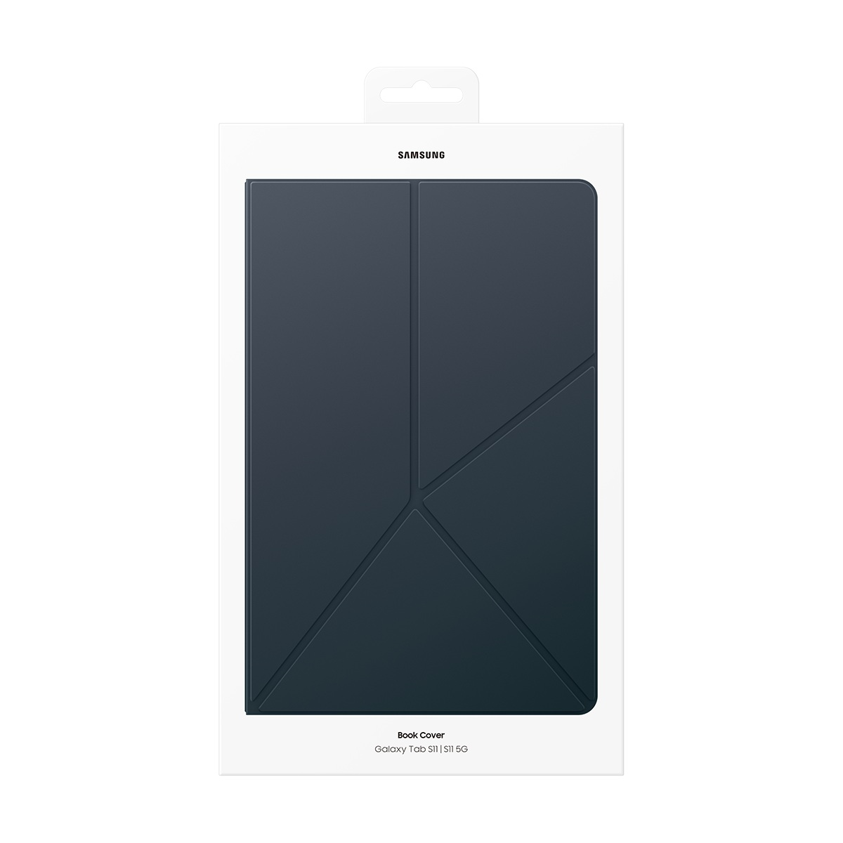 Beyaz bir kutuda tablet kitap kılıfı. Kılıf, geometrik desenlerle katlanmış, koyu mavidir. Üstte Samsung logosu var.