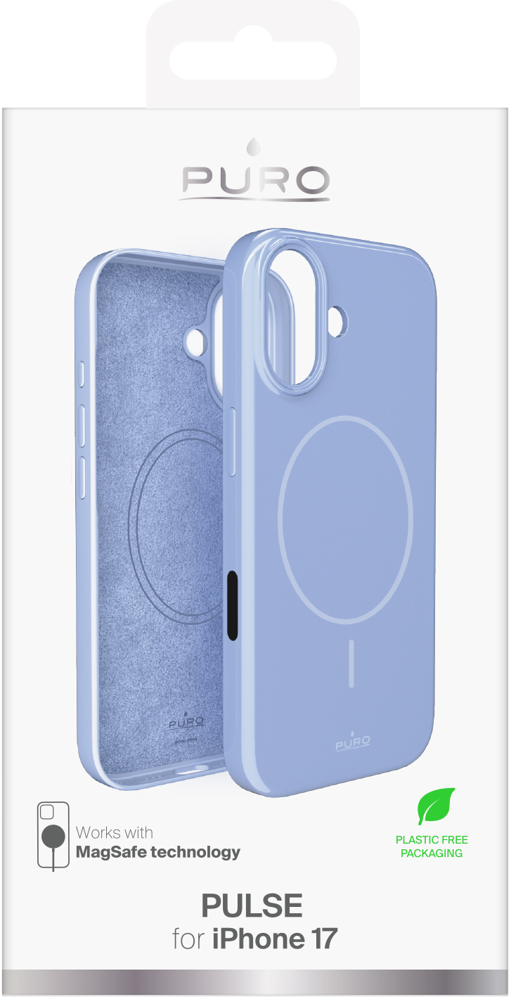 Jasnoniebieskie etui na telefon dla iPhone 17, z szarym wnętrzem i białym tłem z nazwą marki PURO.