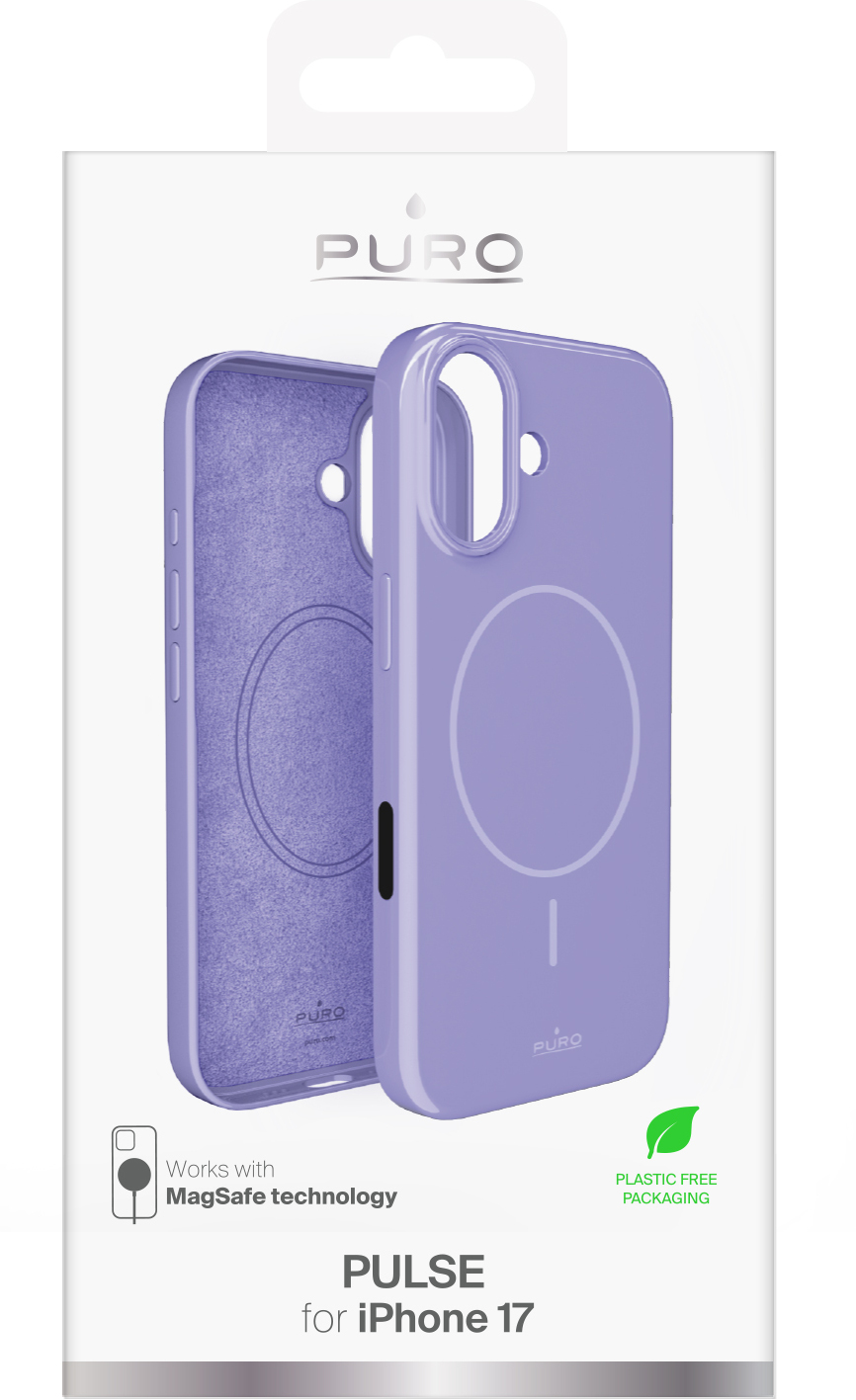 Fioletowe etui na iPhone'a 17 z technologią MagSafe. Etui jest otwarte, pokazując jego wnętrze i wygląd zewnętrzny.