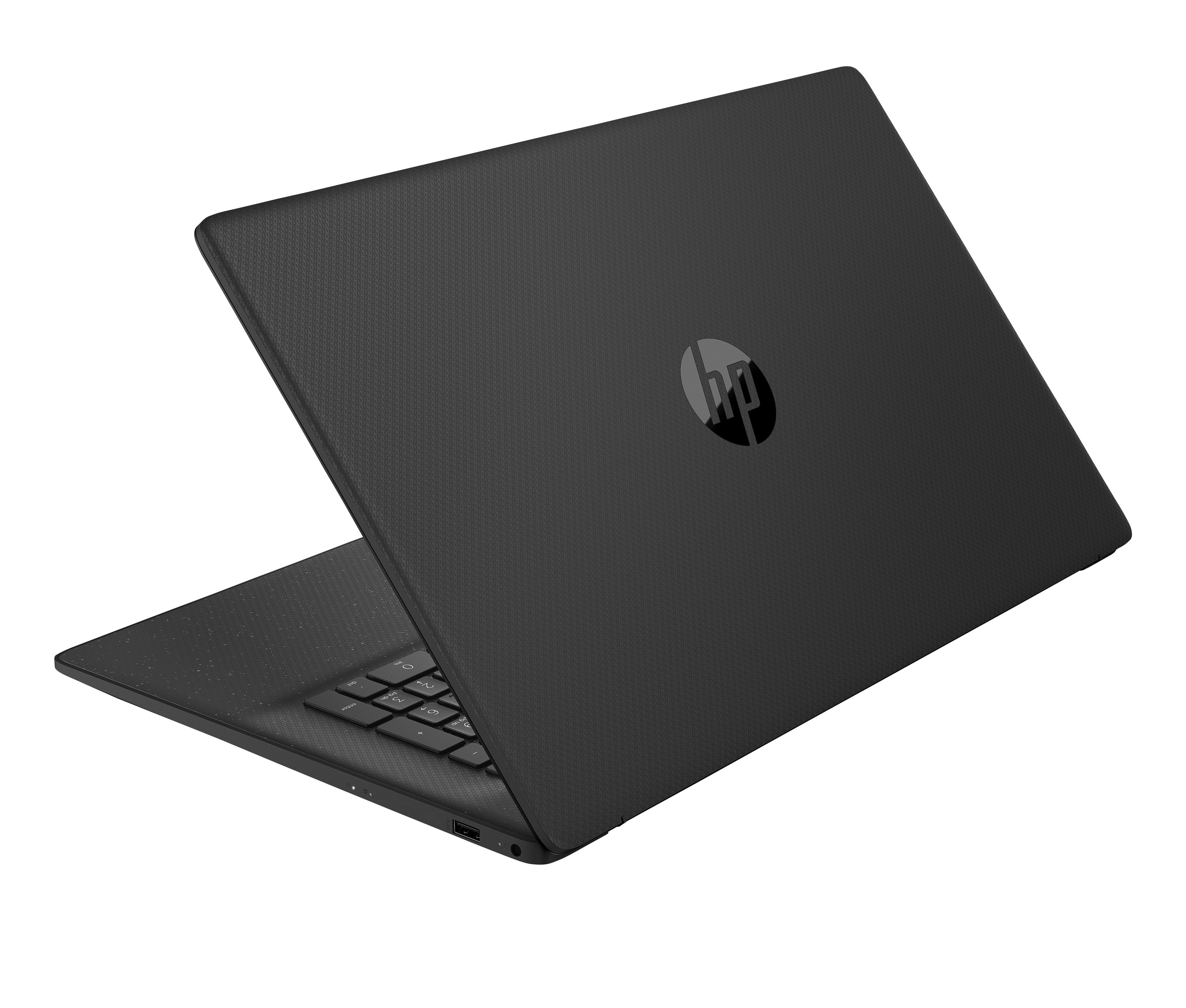 Schwarzer HP-Laptop, geöffnet. Tastatur sichtbar, HP-Logo auf dem Deckel. Dunkler Hintergrund.
