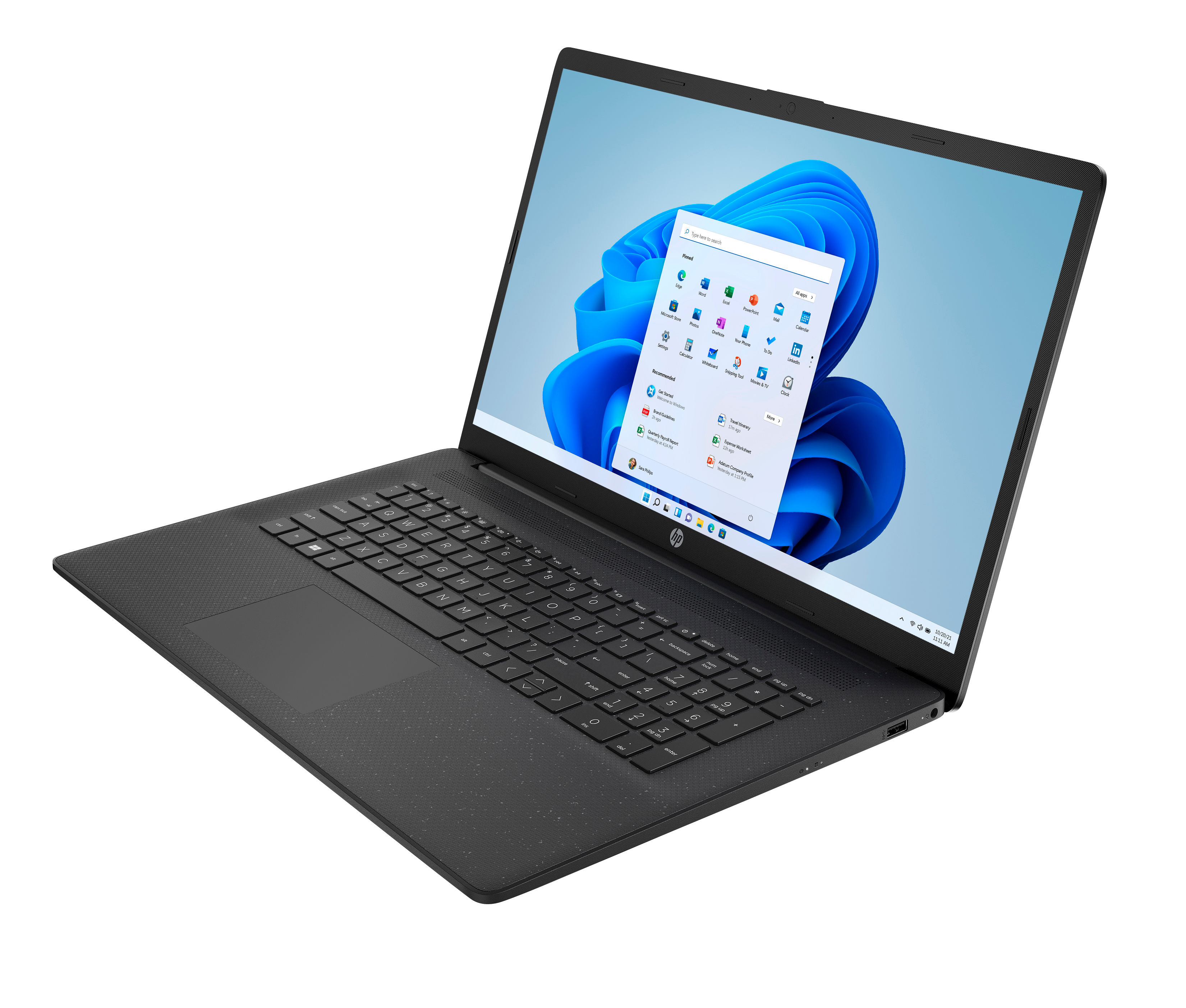 Ein schwarzer HP-Laptop ist geöffnet. Der Bildschirm zeigt das Windows 11-Startmenü. Der Hintergrund ist schwarz.