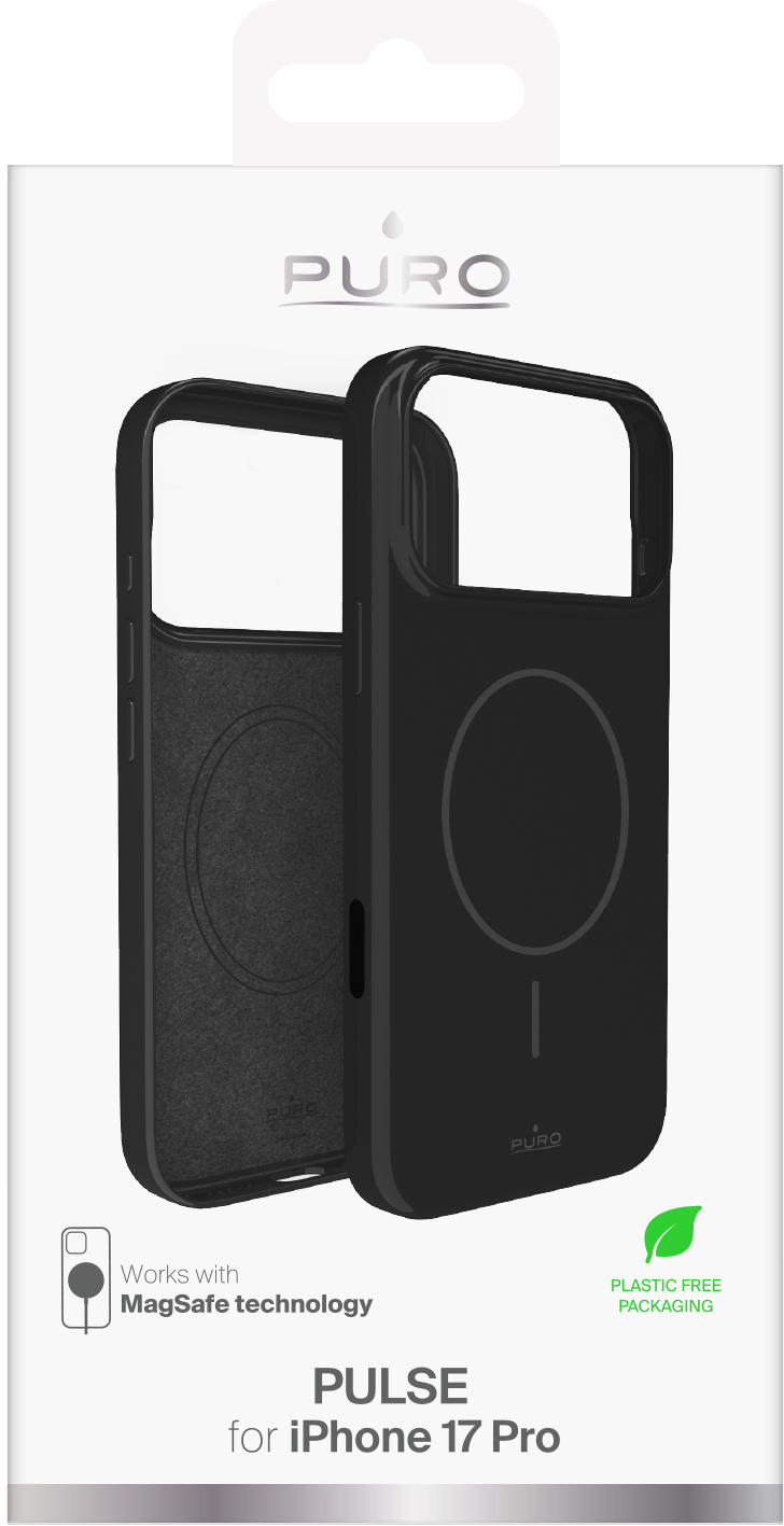 Opakowanie czarnego etui na telefon. Logo 'Puro'. 'Pulse for iPhone 17 Pro'. 'Technologia MagSafe'. Opakowanie bez plastiku.