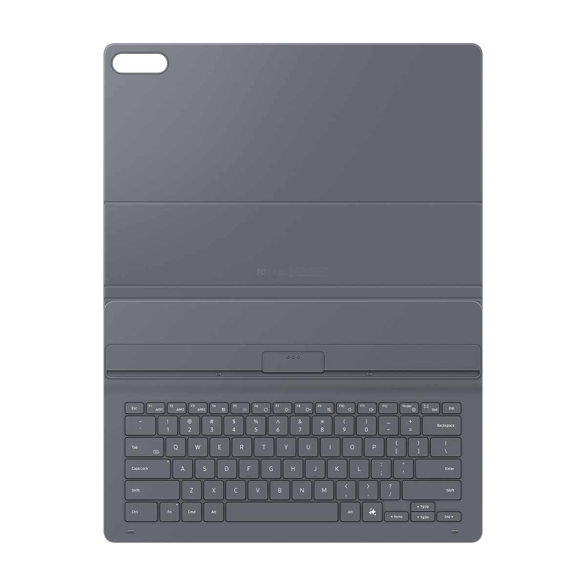 Gri tablet klavye kılıfı. Üstte fonksiyon tuşları ve dokunmatik yüzey alanıyla tam bir klavye düzenine sahiptir.